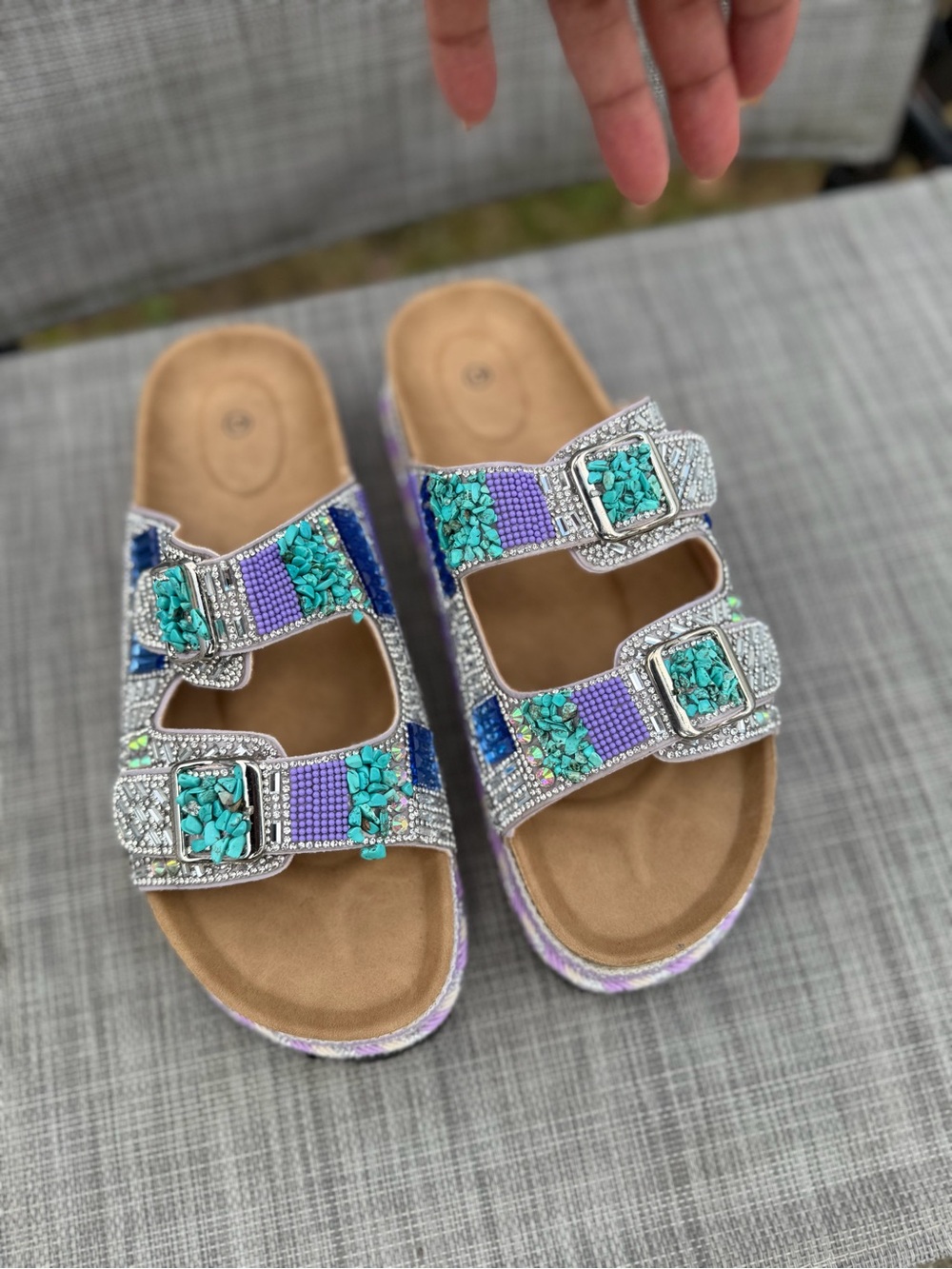 Beaded Double-Buckle Slide Sandals - Purple & Turquoise